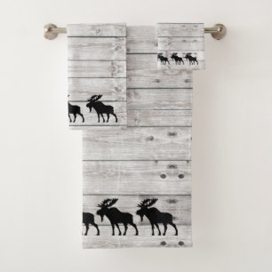 Walking Moose Grey Wood Pattern Bath Towel Set