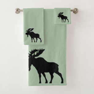 Walking Moose Silhouette On Green Bath Towel Set