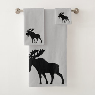 Walking Moose Silhouette On Grey Bath Towel Set