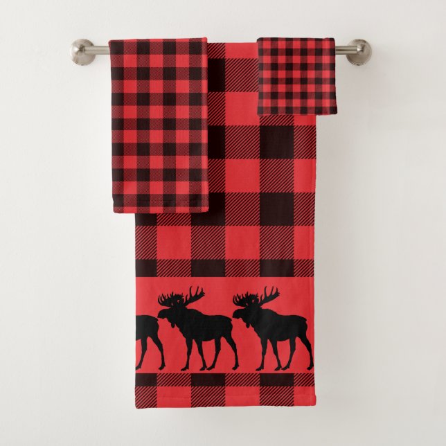Walking Moose Silhouette Red Black Plaid Pattern  Bath Towel Set (Insitu)