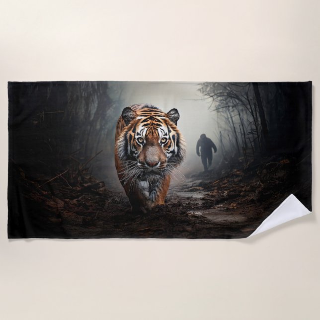 Walking Old black and orange tiger surreal forest Beach Towel (Front)