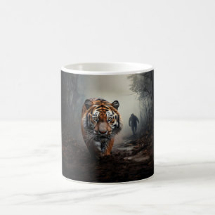 Walking Old black and orange tiger surreal forest Coffee Mug