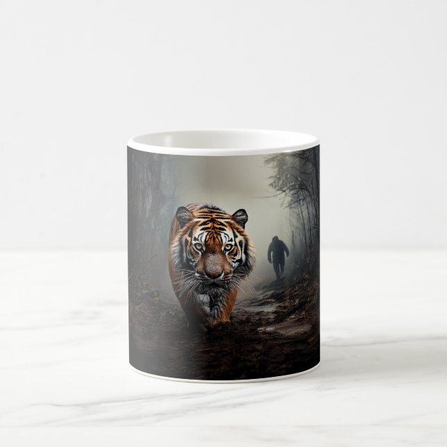 Walking Old black and orange tiger surreal forest Coffee Mug (Center)