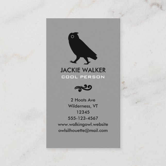 Walking Owl Silhouette Grey and Black Business Card (Front)