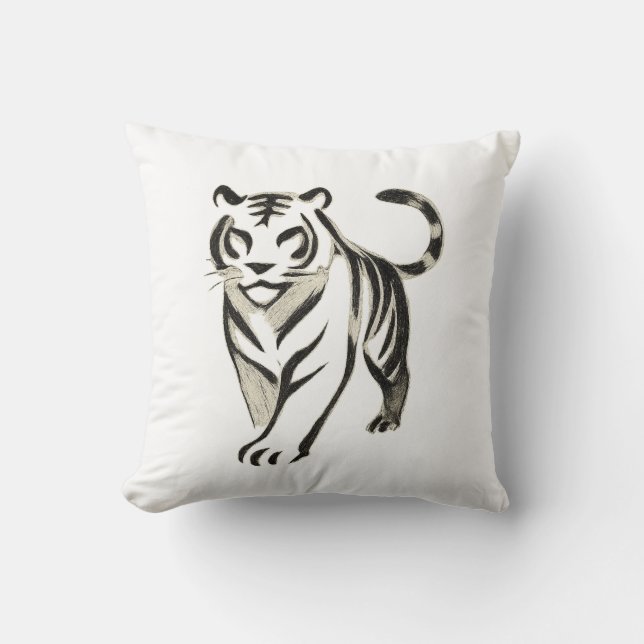 Walking Tiger Drawing - Ink Cushion Design (Front)