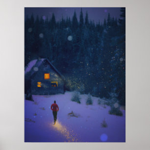 Walking towards a cabin in winter woods poster