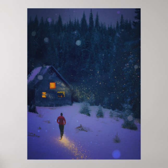 Walking towards a cabin in winter woods poster (Front)