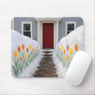 Walkway with Painted Spring Tulips In Snowbanks Mouse Mat