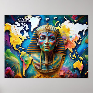 Wall Art Water Colour Pharoah Face on World Map  