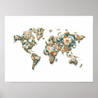 Wall Art World Map with Majolica design Poster