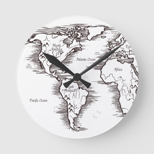 Wall Clock - B/W World Map USA Africa Europe (Front)