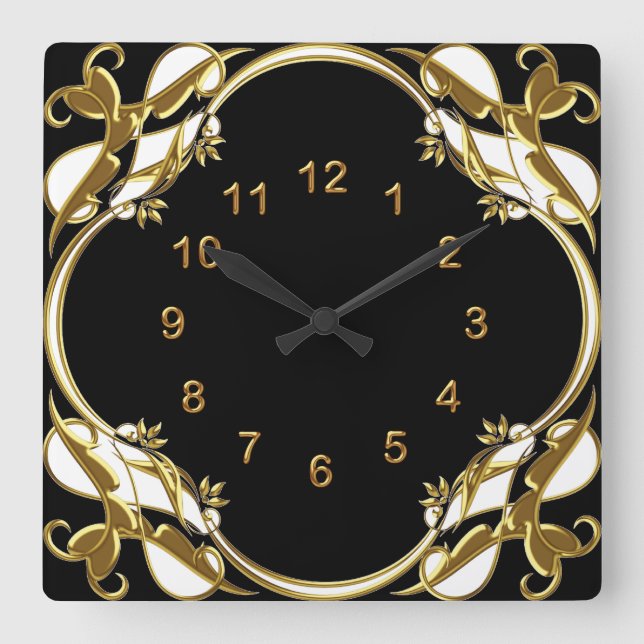 Wall Clock Black Gold White Floral Swirl (Front)