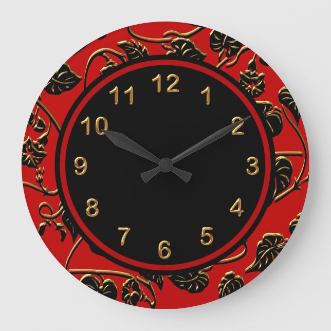 Wall Clock Black Red Gold Trim Damask Floral (Front)