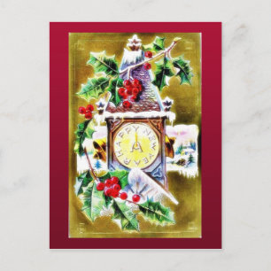 wall clock decorated by holy leaves holiday postcard