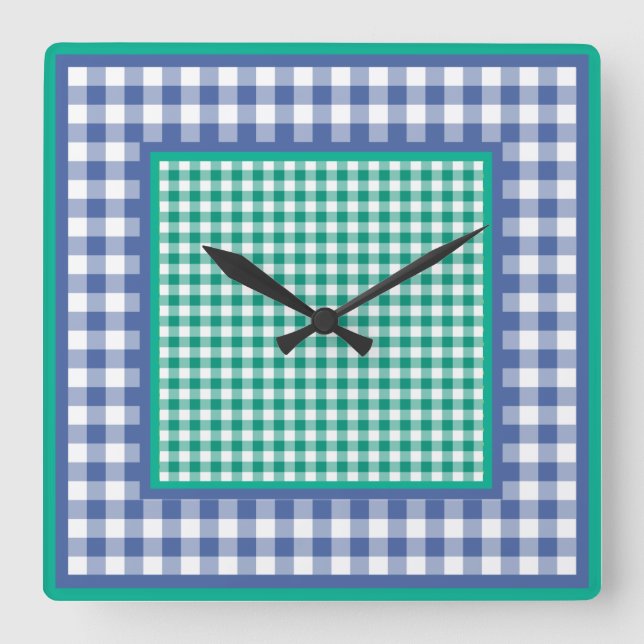 Wall Clock, Emerald Green and Blue Check Gingham Square Wall Clock (Front)