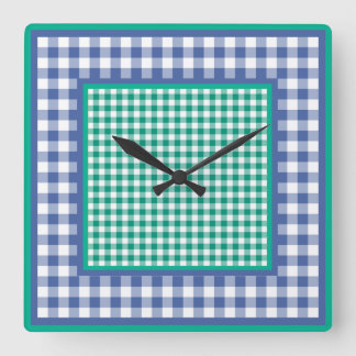 Wall Clock, Emerald Green and Blue Check Gingham Square Wall Clock