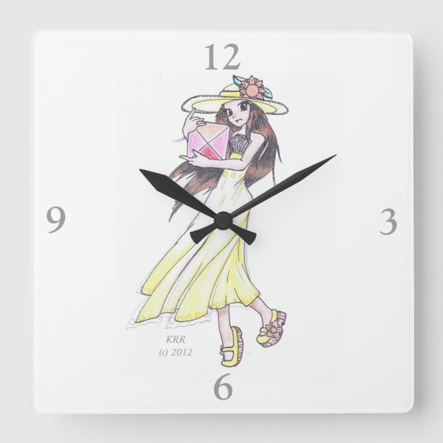 Wall Clock featuring Girl in Yellow Dress and Hat (Front)