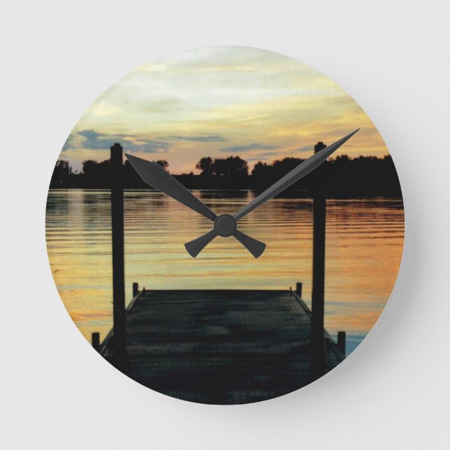 WALL CLOCK L@@K Retro dock lake water sunset (Front)