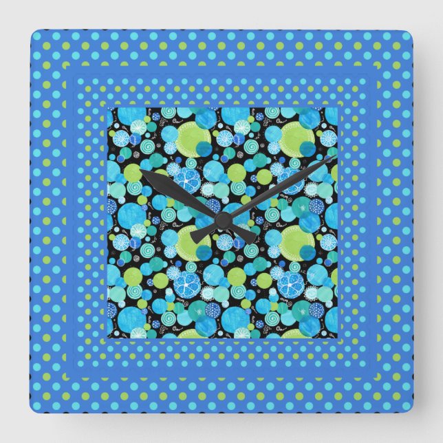 Wall Clock, Mix'n'Match: Blue Moons, Polka Dots Square Wall Clock (Front)