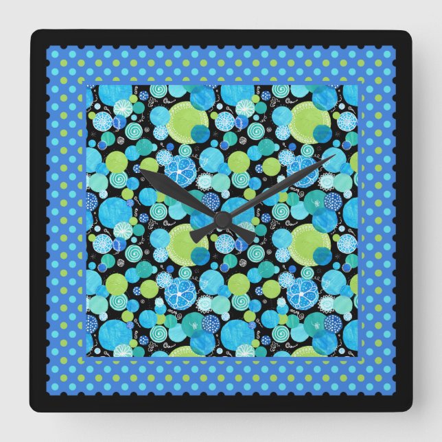 Wall Clock, Mix'n'Match: Blue Moons, Polka Dots Square Wall Clock (Front)