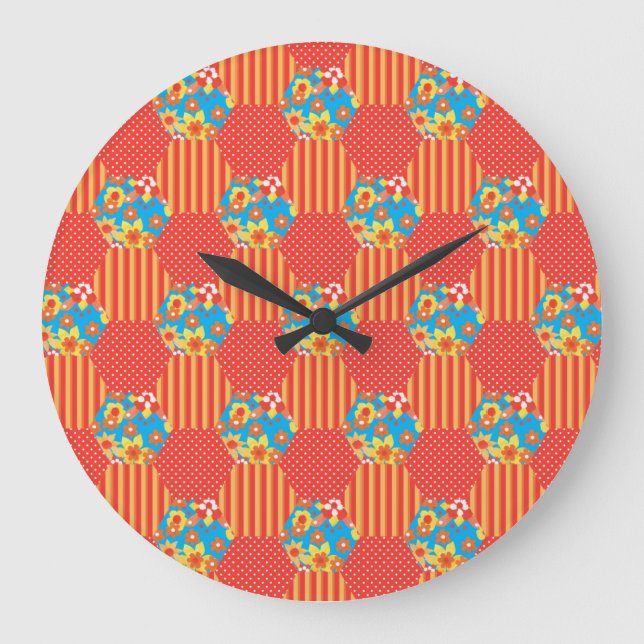 Wall Clock, Orange Floral and Polkas Patchwork Large Clock (Front)