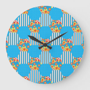 Wall Clock, Orange Floral and Polkas Patchwork Large Clock