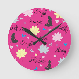 Wall Clock | Pink Lotus Boho Design (Black Hand)