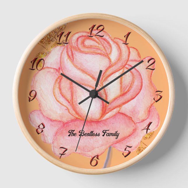Wall Clock Pink Rose & Wood Frame (Front)