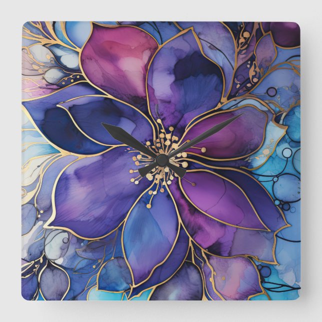 Wall Clock - Purple Blue Floral Gold (Front)