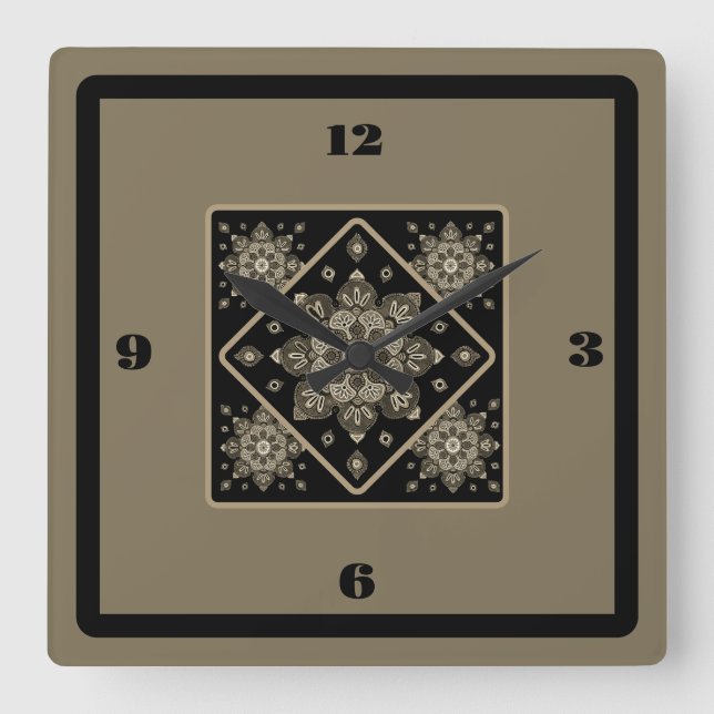 Wall Clock Sepia Medallions on Black (Front)