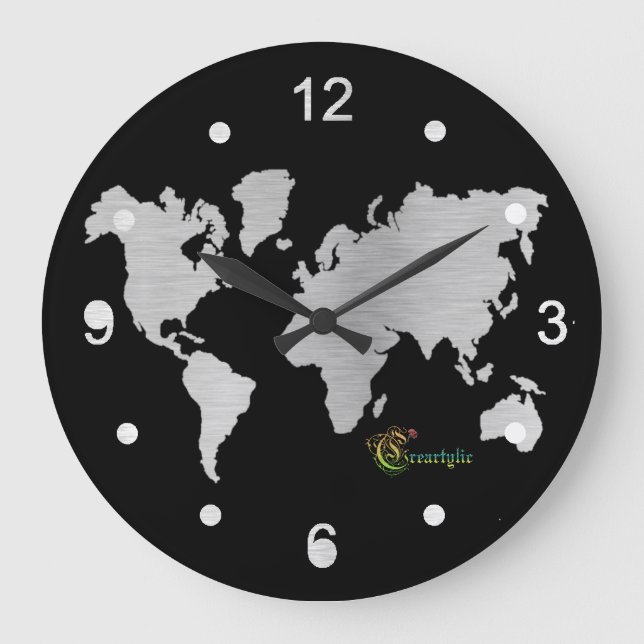 Wall Clock silver world map (Front)