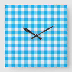 Wall Clock, Turquoise Blue and White Check Gingham Square Wall Clock