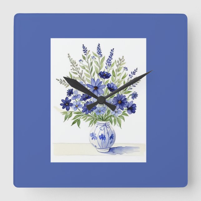 Wall Clock Vase of Wildflowers Blue White (Front)
