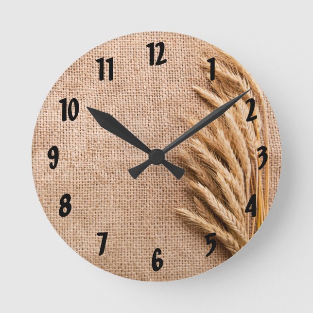 Wall Clock Wheat on Burlap Sack Country Rustic Far (Front)
