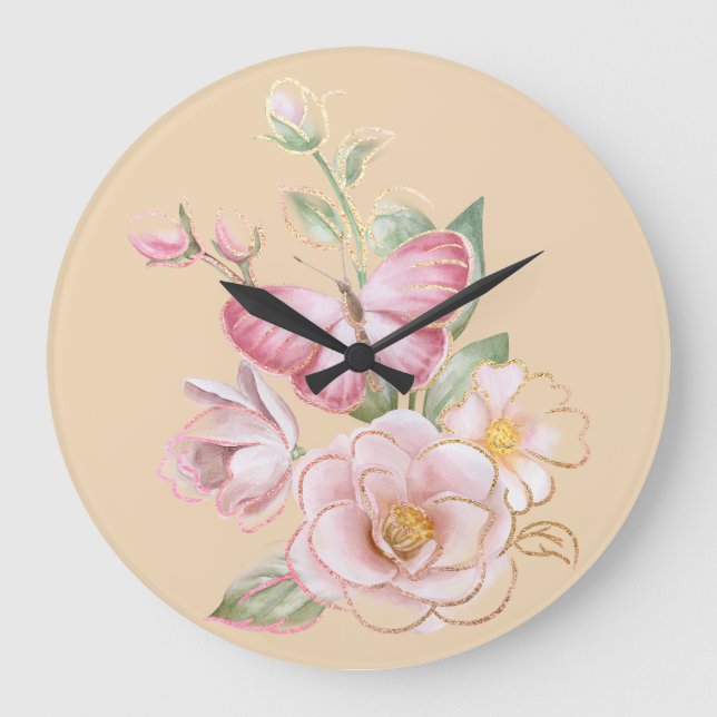 Wall Clock With Butterfly and Pink Flowers (Front)