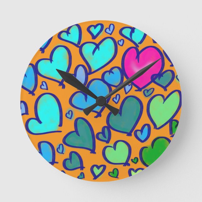 Wall Clock With Colourful Hearts (Front)