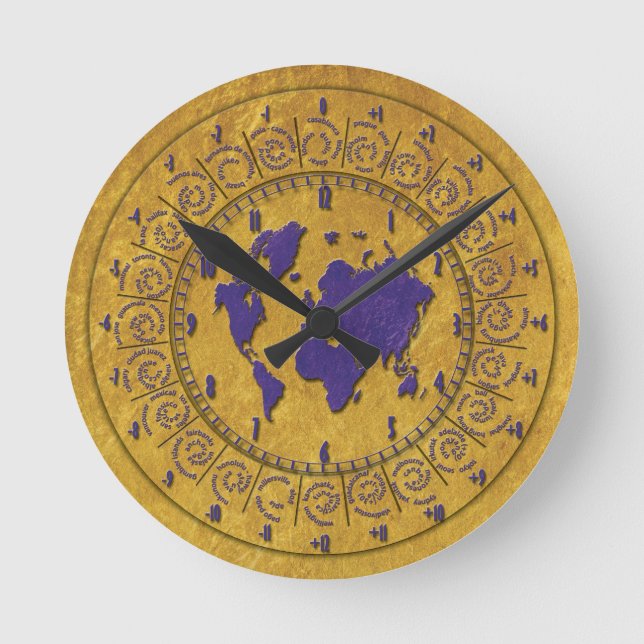 Wall Clock with Time Zones Gold Texture (Front)