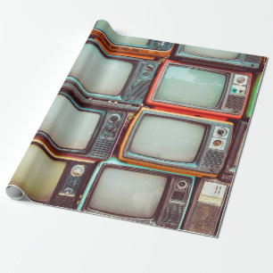 Wall of pile colourful retro television wrapping paper