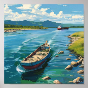 Wall painting of a boat in the sea and a ship on t poster