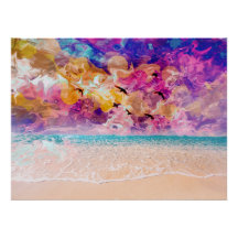 Wall poster with beach and abstract colourful sky
