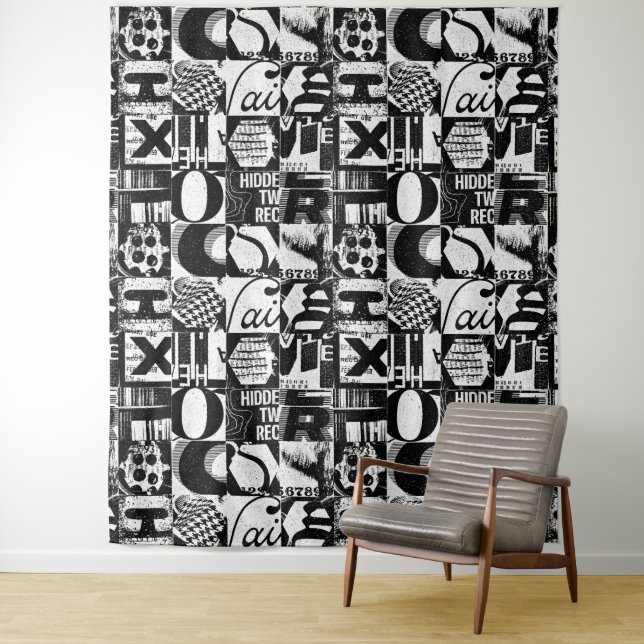 Wall Tapestry Or Photo Backdrop Black White Text (In Situ)