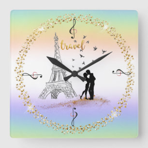 Wall watches of the Eiffel Tower with gold Square Wall Clock