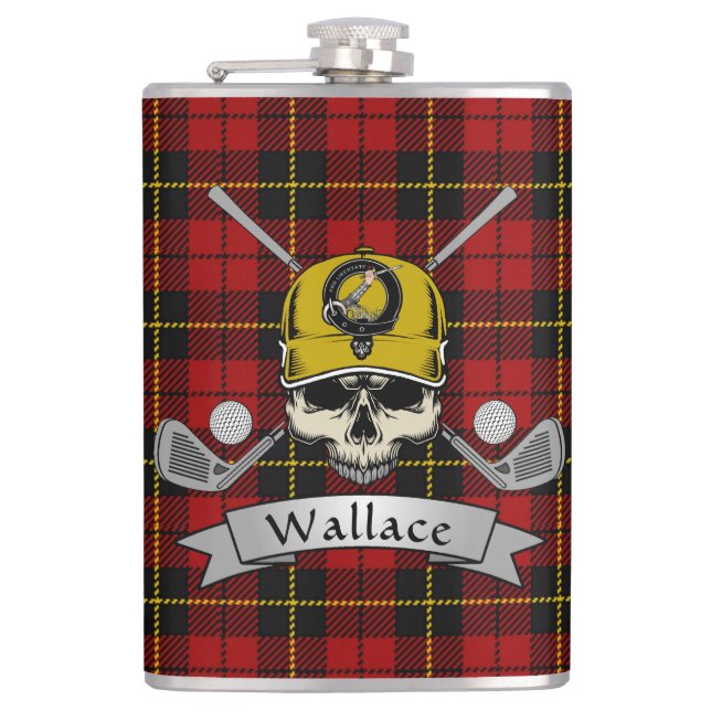 Wallace Badge & Tartan Personalised Skull Golf Hip Flask (Front)