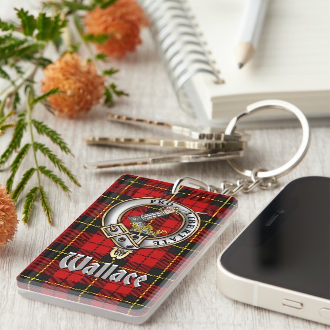 Wallace Clan Badge/Tartan Rectangle Key Ring (Front Right)