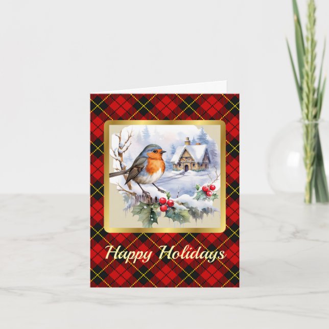 Wallace Crest & Tartan w/Robin Personalised Xmas Card (Front)