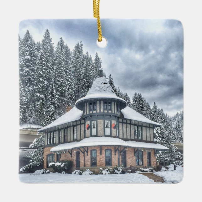 Wallace Idaho Depot in Winter Ceramic Tree Decoration (Front)