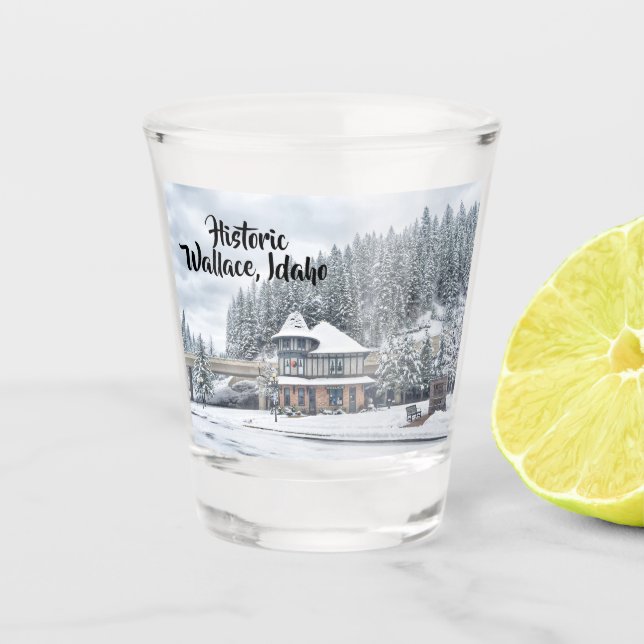 Wallace Idaho Depot in Winter Shot Glass (Front)