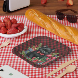  Wallace Red Scottish Tartan Christmas Black Cat Paper Plate