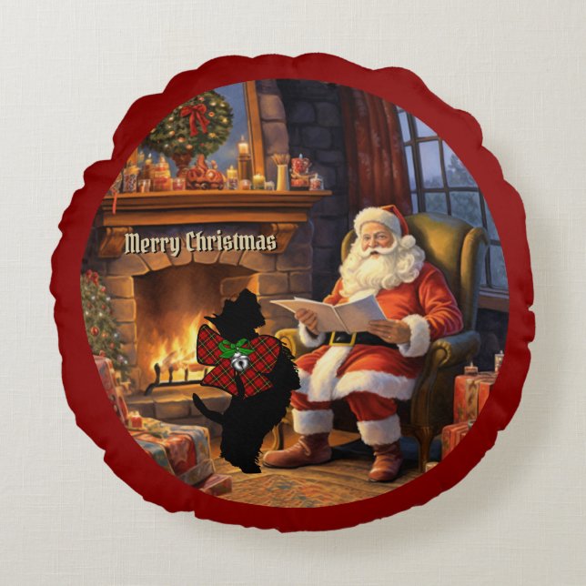 Wallace Scottie Dog & Santa Xmas Personalised Round Cushion (Front)