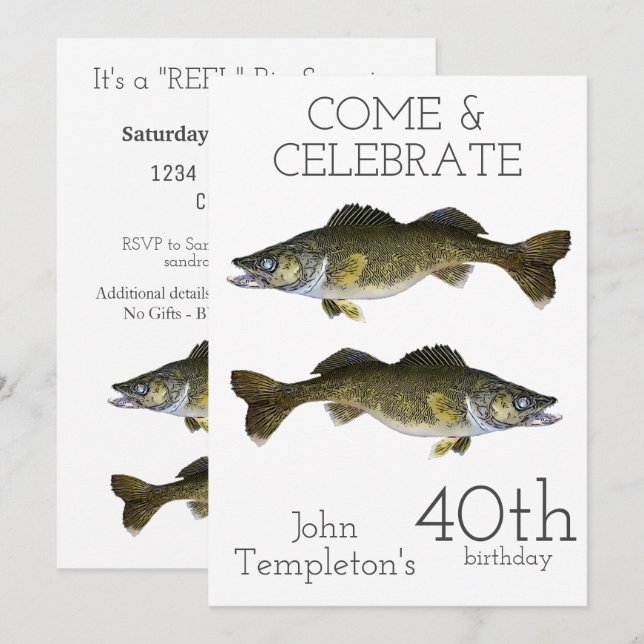 Walleye Fishing Adult Men's Birthday Sports 40th Invitation (Front/Back)